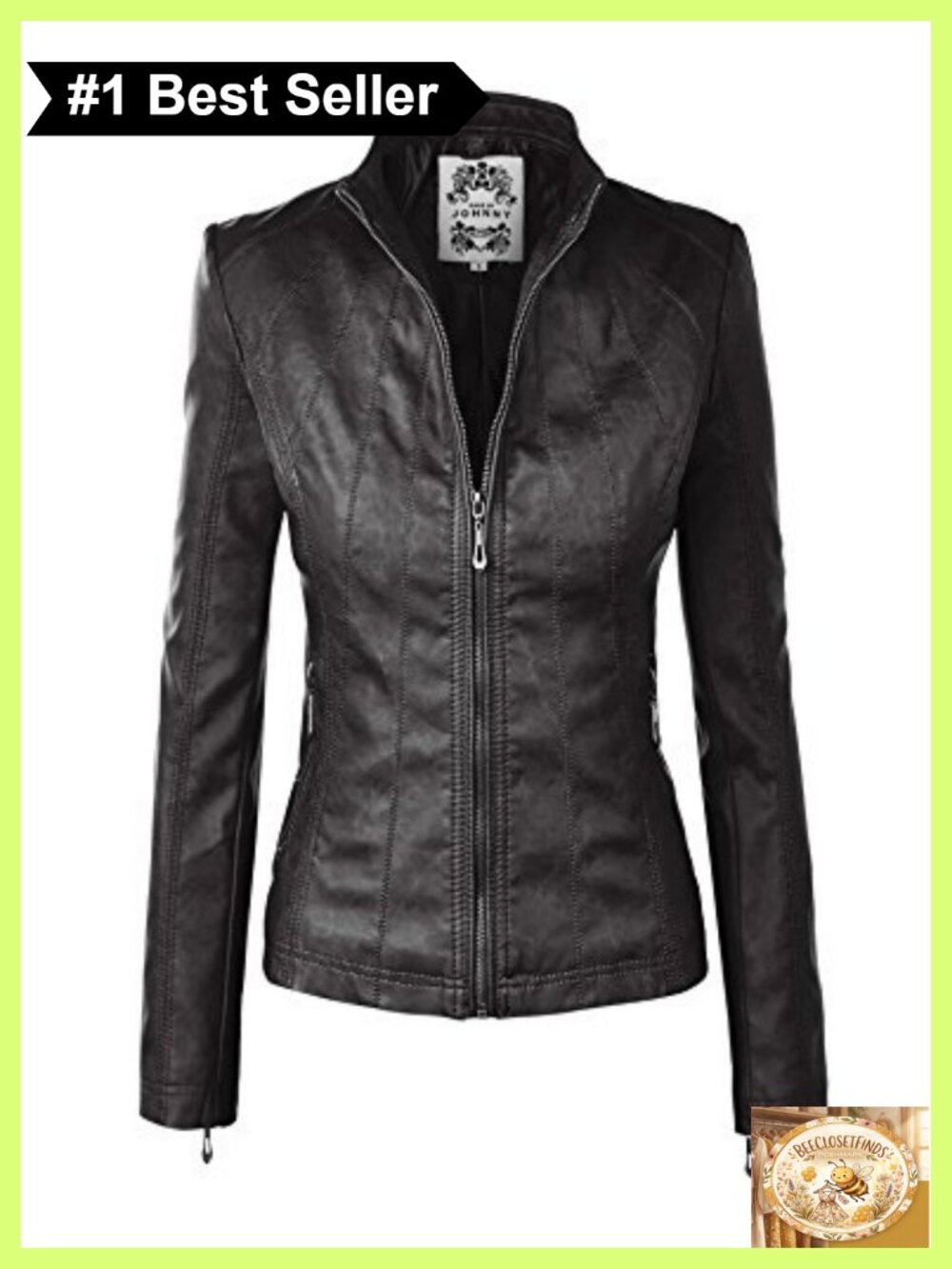 Faux Leather Moto Biker Jacket Zip Up Stitching Detail